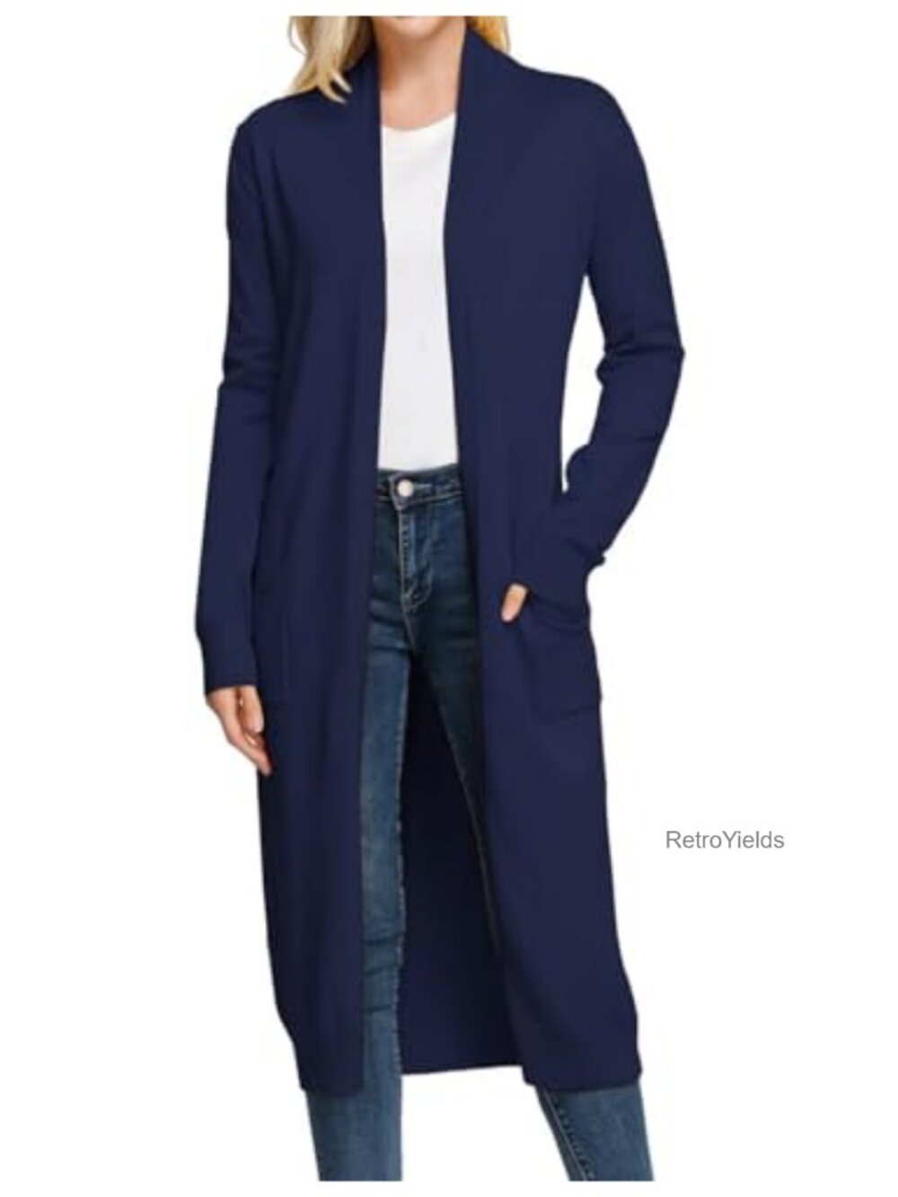 Long Open Front Maxi Knitted Cardigan Sweater Lightweight Ribbed Pockets